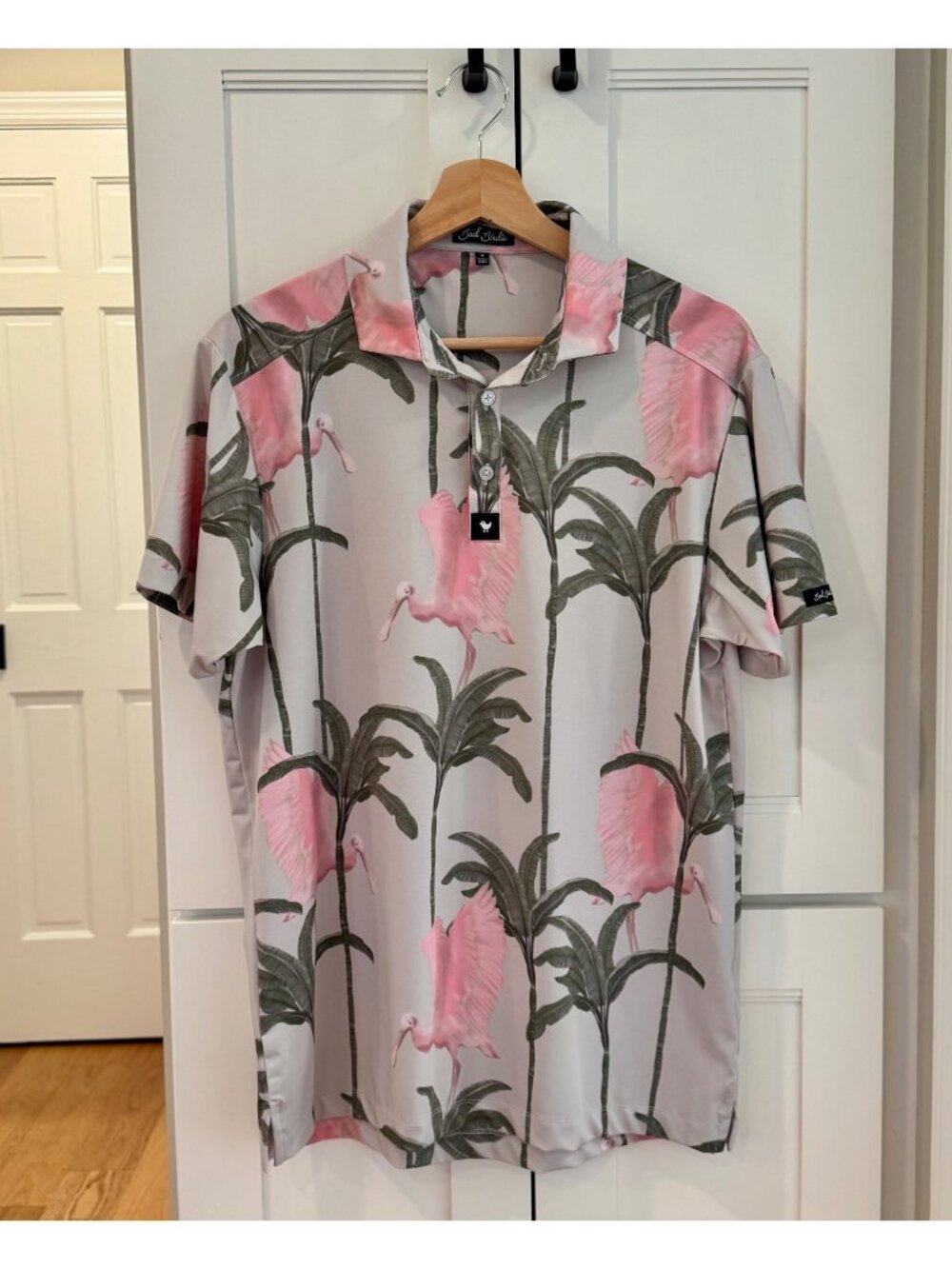 Bad Birdie Spoonbill Pink Bird Print Golf Polo Shirt Mens Size Small Gray